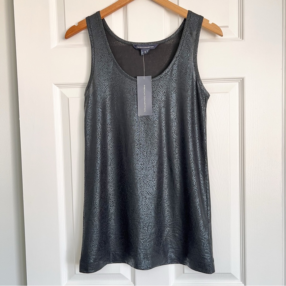 French Connection Gunmetal Metallic Embossed Tank Top Tonal Swirl Print Sz Small